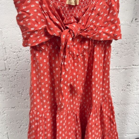 BEACHGOLD Red Floral Cute Summer Mini Dress - Size Medium Front Bow - Picture 3 of 5